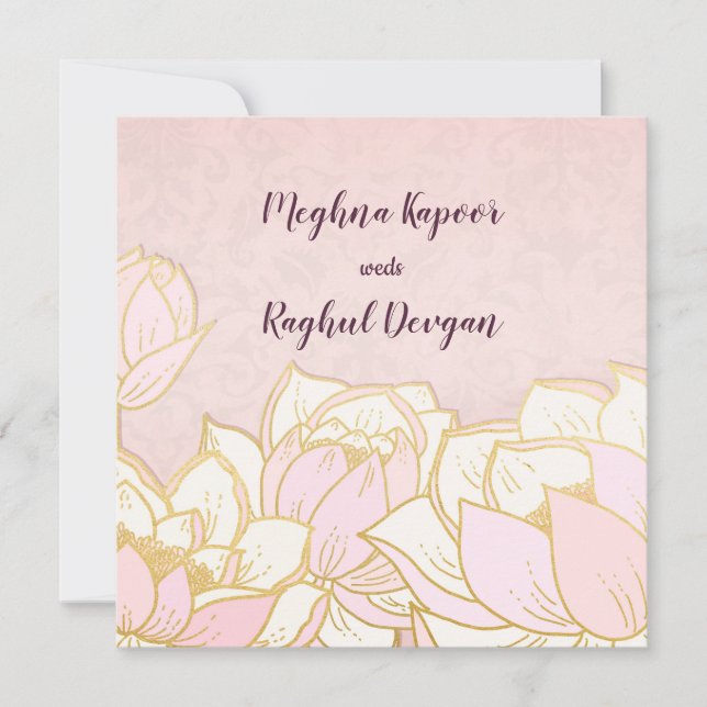 Elegant Lotus Pink Indian Damask Wedding Einladung (Vorderseite)