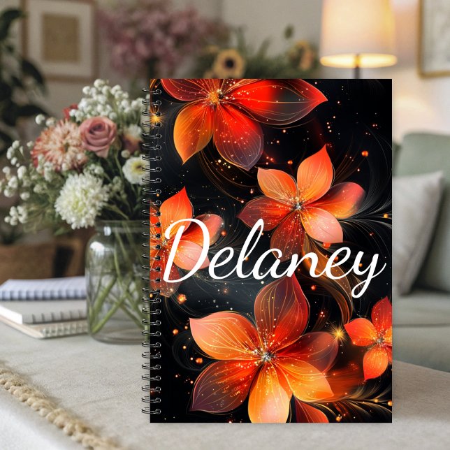 Elegant Luminous Fire Orange Floral Planer (Vibrant orange floral planner with glowing blooms on dark background.)