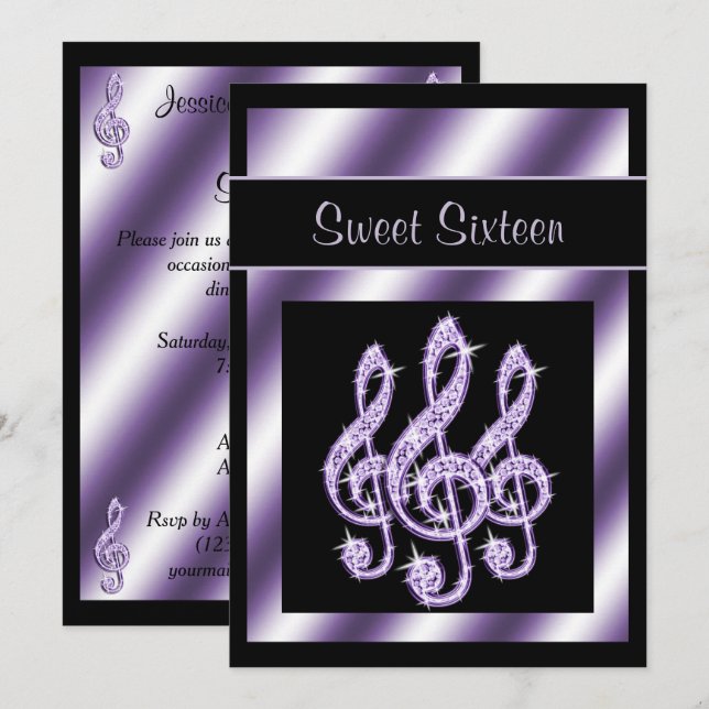 Elegant, luscious Lilac Treble Clefs Sweet 16 Einladung (Vorne/Hinten)