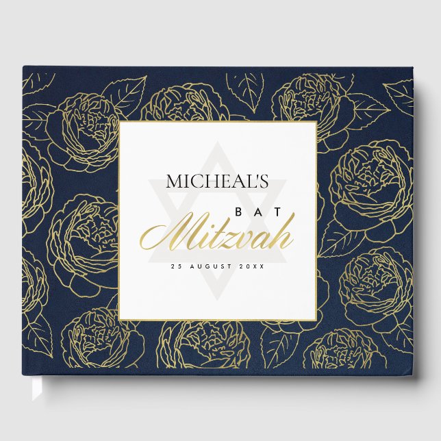 ELEGANT LUX NAVY GOLD ROSE FLORAL BAR BAT MITZVAH GÄSTEBUCH (Vorderseite)