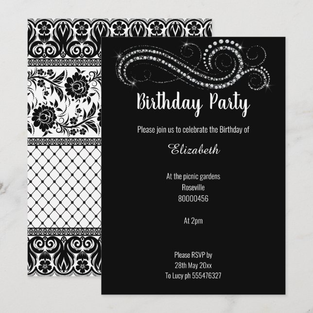 ELEGANT LUXE BLACK LACE DIAMONON EINLADUNG (Vorne/Hinten)