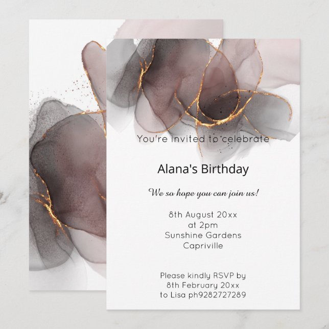 ELEGANT LUXE CHIFFON ROSE GOLD GEBURTSTAG EINLADUNG (Vorne/Hinten)