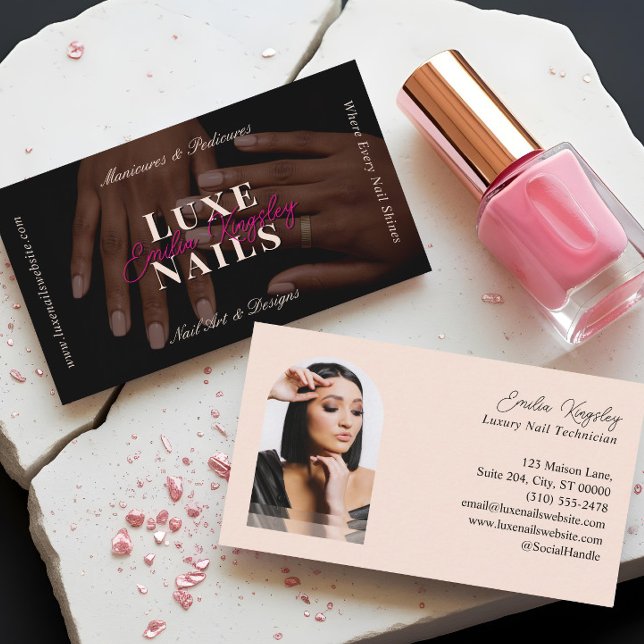 Elegant Luxe Nail Manicurist Technician Black Pink Visitenkarte (Elegant Luxe Nail Manicurist Technician Black Pink Business Card)