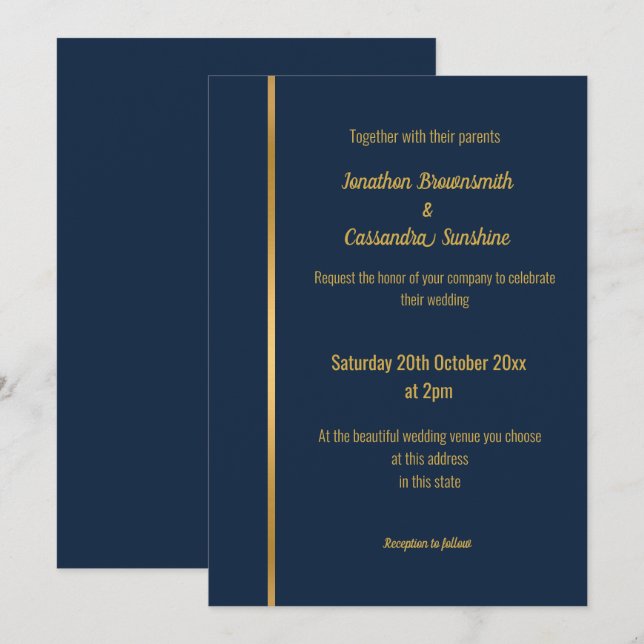 ÉLÉGANT LUXE NAVY GOLD FAIRE-PART DE MARIAGE (Devant / Derrière)