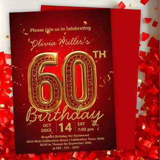 Elegant Luxurious Red and Gold 60. Geburtstag Einladung