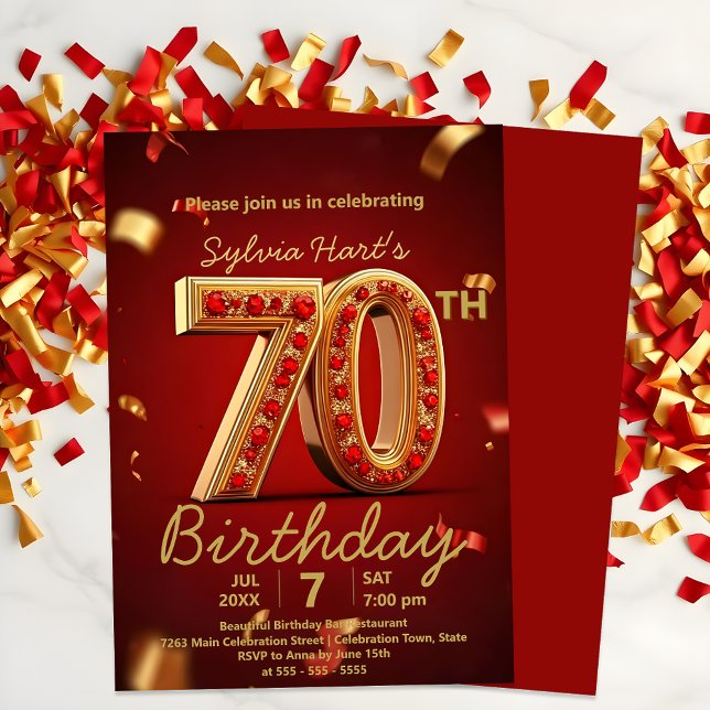 Elegant Luxurious Red and Gold 70. Geburtstag Einladung (Von Creator hochgeladen)