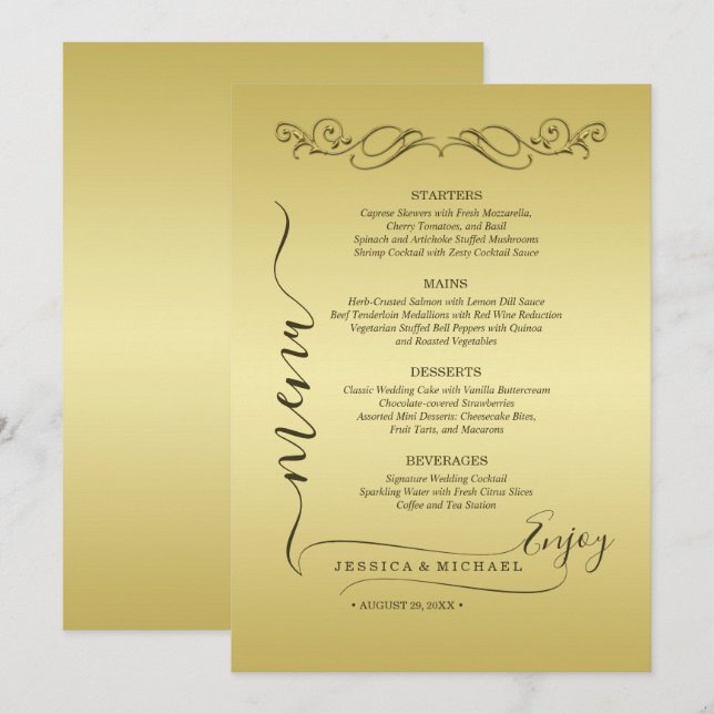 Elegant Luxury Gold Verzierte Hochzeit Menükarte (Vorne/Hinten)