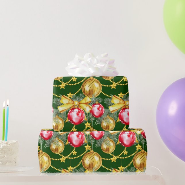 Elegant Luxury Red Gold Christmas Ball Pattern Geschenkpapier (Partygeschenke)