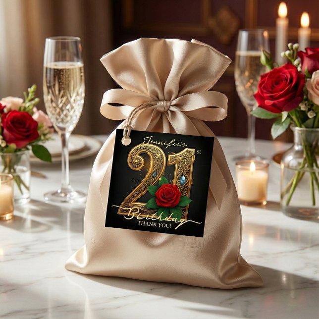 Elegant Luxury Red Rose Black Gold 21st Birthday Geschenkanhänger (Von Creator hochgeladen)