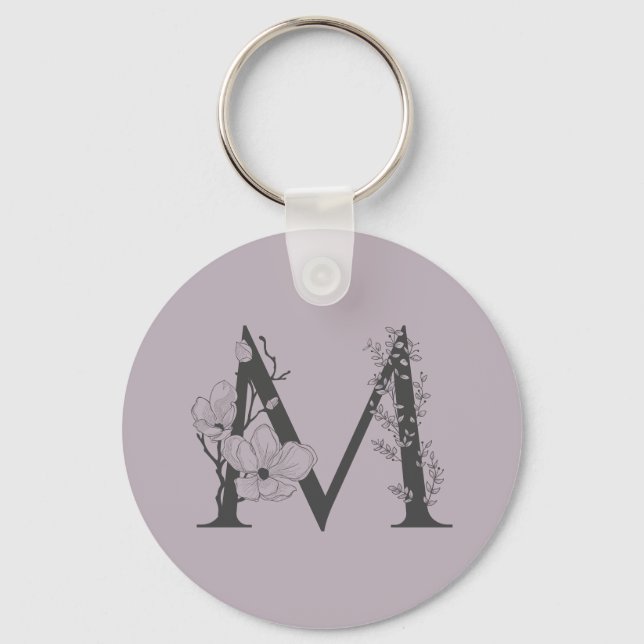 Elegant M Boho Floral Monogram Initial Lilac Gray Schlüsselanhänger (Vorderseite)