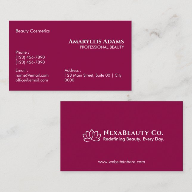 Elegant Magenta Beauty Cosmetics Esthetician Visitenkarte (Vorne/Hinten)