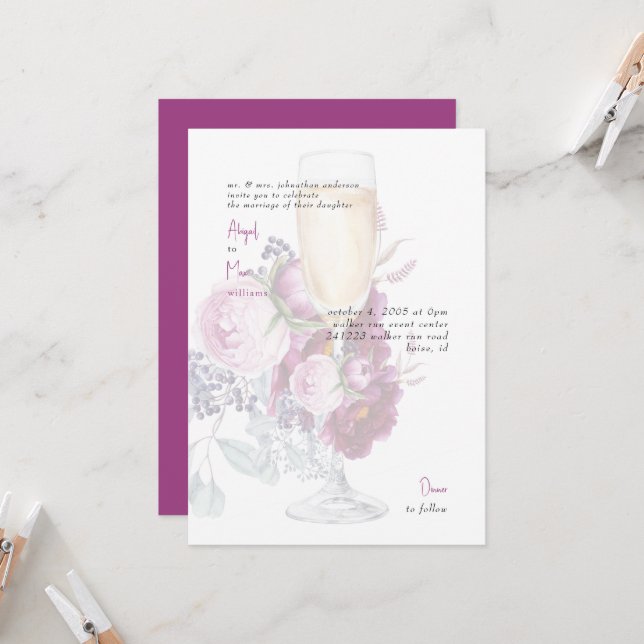 Elegant Magenta Floral Champagne Wedding Einladung (Vorderseite/Rückseite Beispiel)