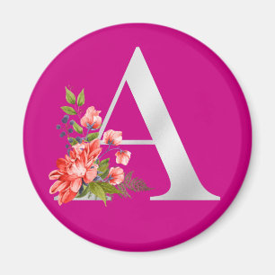 Elegant Magenta Metallic A Floral Monogram Magnet