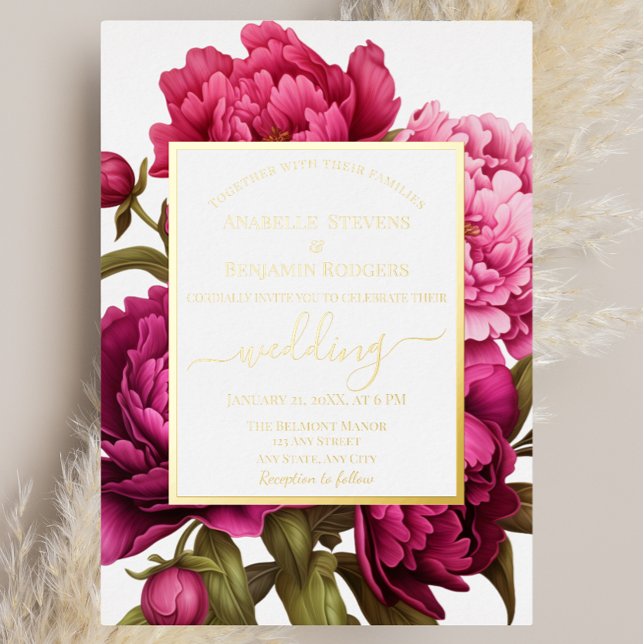 Elegant Magenta Peony Floral Wedding Folieneinladung (Von Creator hochgeladen)