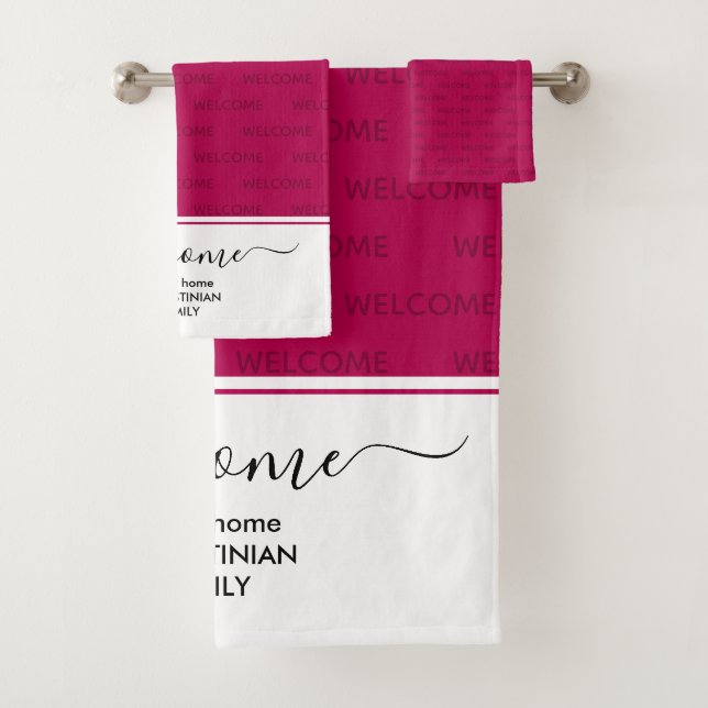 Elegant Magenta Pink Personalisiert WELCOME Badhandtuch Set (Insitu)