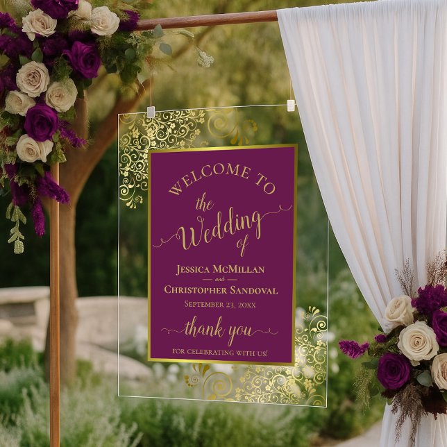 Elegant Magenta Plum & Gold Wedding Welcome Acrylschild (Von Creator hochgeladen)
