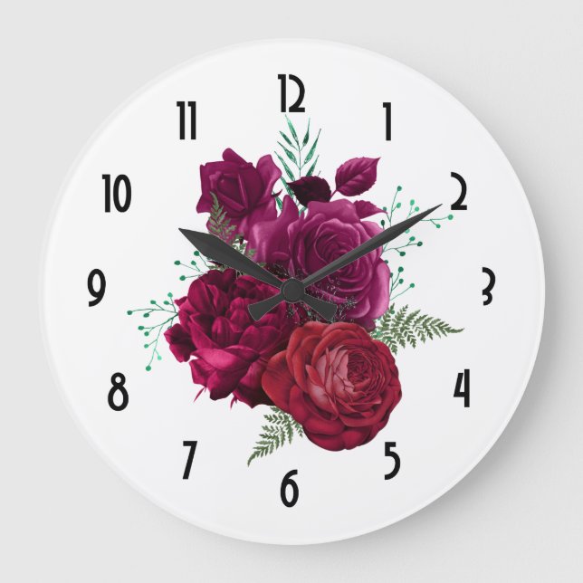 Elegant Magenta Rose Floral Bouquet Große Wanduhr (Vorderseite)