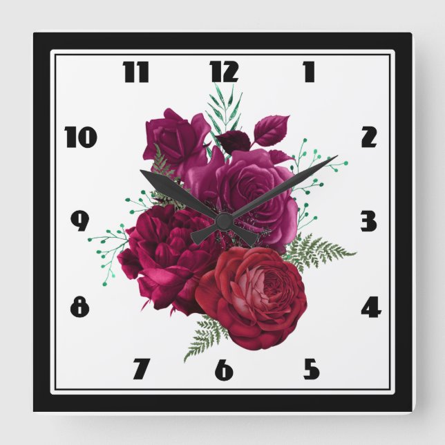 Elegant Magenta Rose Floral Bouquet Quadratische Wanduhr (Vorderseite)