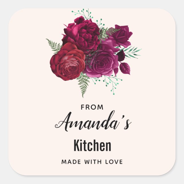 Elegant Magenta Rose Floral Kitchen Quadratischer Aufkleber (Vorderseite)