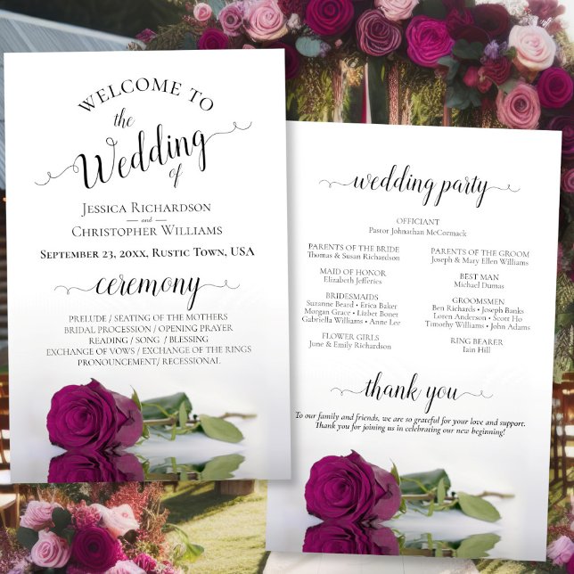 Élégant Magenta Rose Programme de mariage budgétai (Front/Back)