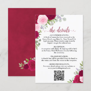 Elegant Magenta Roses Wedding Details QR Code Begleitkarte
