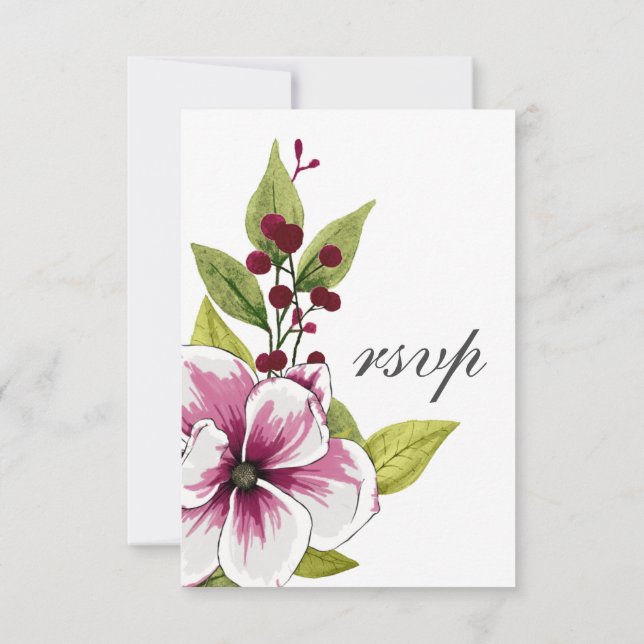 Elegant Magenta White Florals Green Botanicals RSVP Karte (Rückseite)