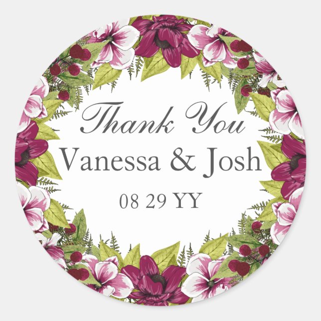 Elegant Magenta White Florals Green Botanicals Runder Aufkleber (Vorderseite)