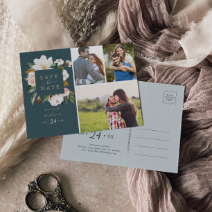 Elegant Magnolia   AQUAMARIN 3 FOTO SAVE THE DATE Einladungspostkarte