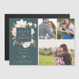 Elegant Magnolia   AQUAMARIN 3 FOTO SAVE THE DATE Magneteinladung