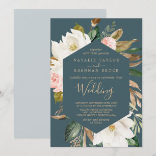 Elegant Magnolia   Aquamarine und weiße Hochzeit Einladung
