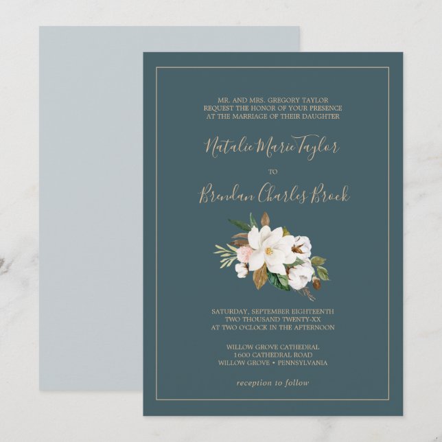 Elegant Magnolia | Aquamarine und weiße Hochzeit Einladung (Vorne/Hinten)