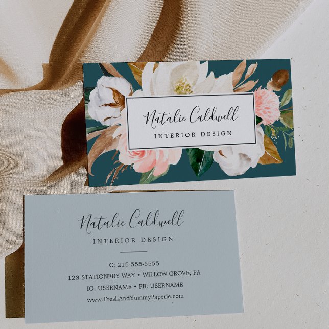 Elegant Magnolia | Aquamarine und weiße Visitenkar Visitenkarte (Von Creator hochgeladen)