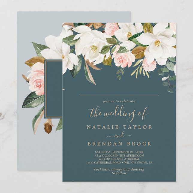 Elegant Magnolia | Aquamariner Gast Name Wedding Einladung (Vorne/Hinten)