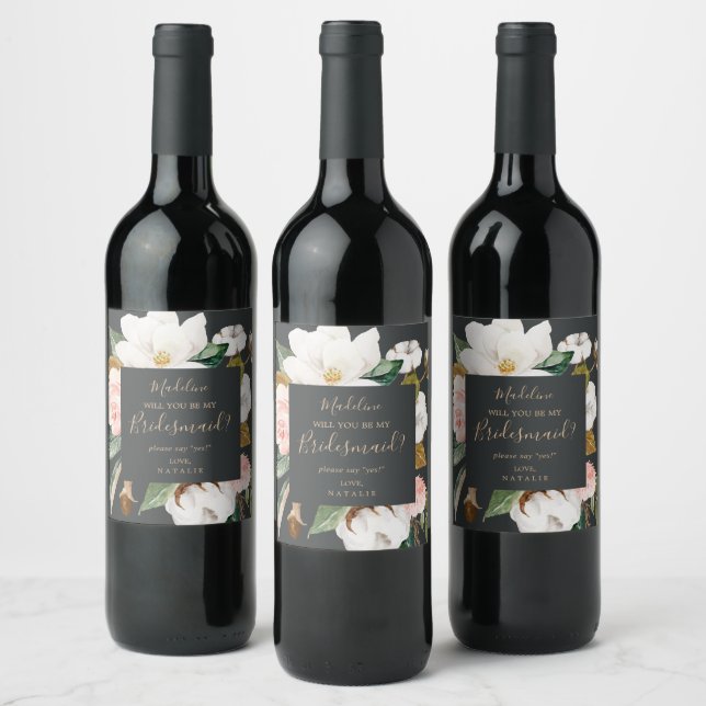 Elegant Magnolia | Black Bridesmaid Vorschlag Weinetikett (Flaschen)
