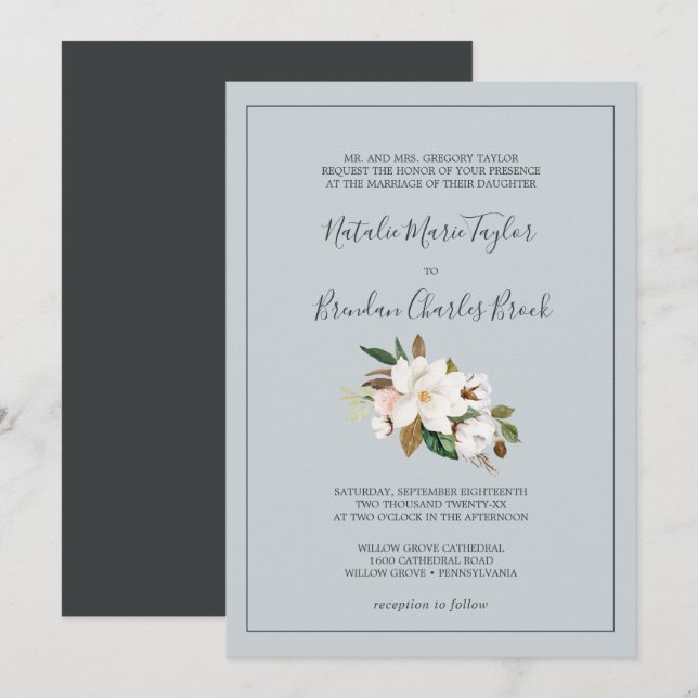 Elegant Magnolia | Blaugraue feierliche Hochzeit Einladung (Vorne/Hinten)