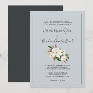 Elegant Magnolia   Blaugraue feierliche Hochzeit Einladung