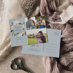 Elegant Magnolia Blaugraues 3 Foto Save the Date Einladungspostkarte