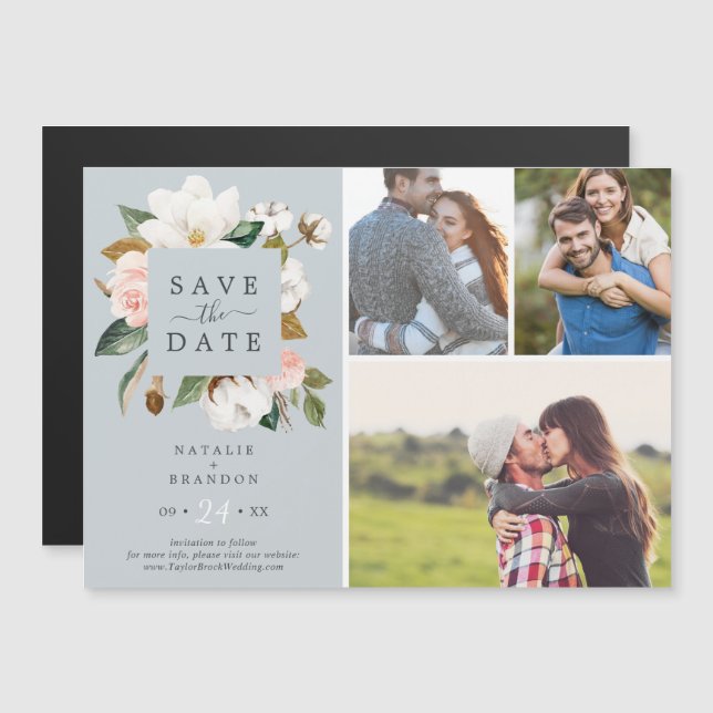 Elegant Magnolia | Blaugraues 3 Foto Save the Date Magneteinladung (Vorne/Hinten)