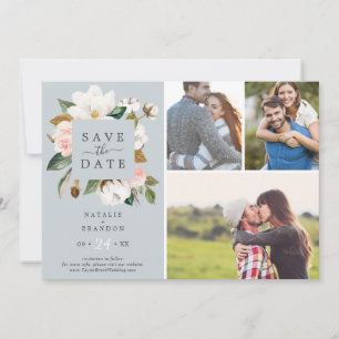 Elegant Magnolia   Blue Gray 3 Foto Collage Save The Date