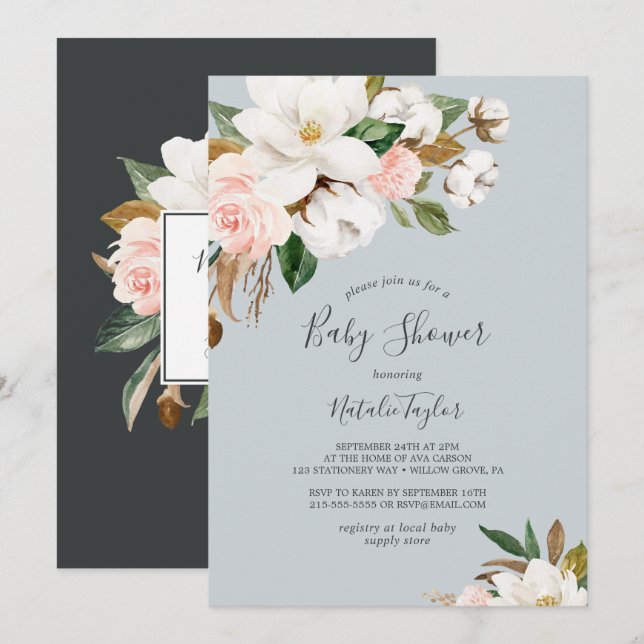 Elegant Magnolia | Blue Gray Baby Dusche Einladung (Vorne/Hinten)