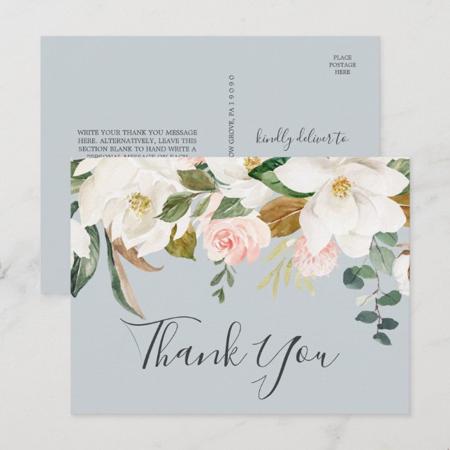 Elegant Magnolia Blue Gray Danke Postcard Postkarte (Vorne/Hinten)