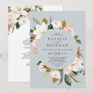 Elegant Magnolia   Blue Gray Front & Back Wedding Einladung