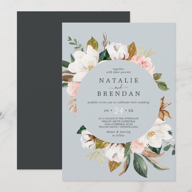 Elegant Magnolia | Blue Gray Lässig Wedding Einladung (Vorne/Hinten)