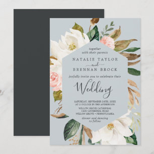 Elegant Magnolia   Blue Gray Wedding Einladung