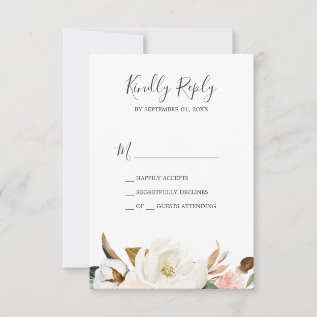 Elegant Magnolia | Einfache RSVP-Karte weiß und ro RSVP Karte (Vorderseite)