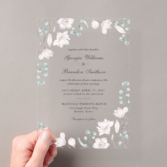 Elegant Magnolia Eucalyptus Floral Wedding Acryleinladungen (Insitu (Handheld))