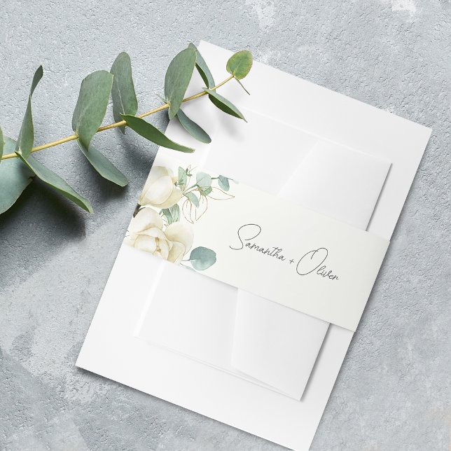 Elegant Magnolia Eucalyptus Script Einladungsbanderole (Elegant Magnolia Eucalyptus Script Invitation Belly Band)