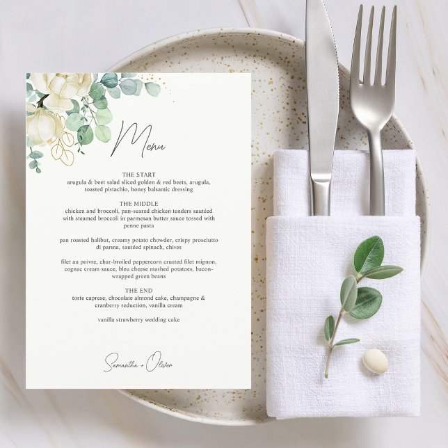 Elegant Magnolia Eucalyptus Wedding Menükarte (Elegant Magnolia Eucalyptus Wedding Menu)