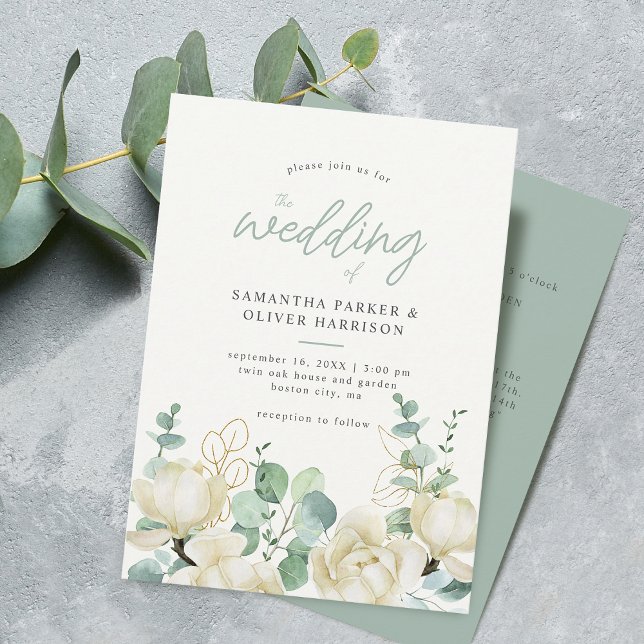 Elegant Magnolia Eukalyptus Wedding Details und Einladung (Elegant Magnolia Eucalyptus Wedding Details and Invitation)