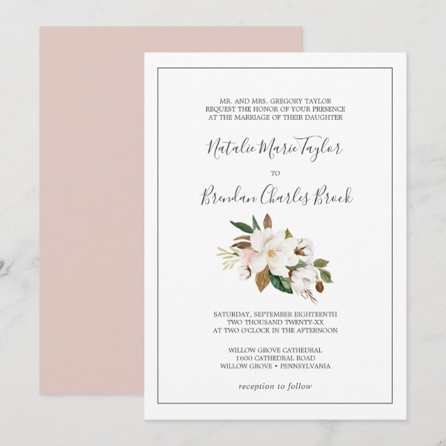 Elegant Magnolia | Feierliche Hochzeit mit Weiß un Einladung (Vorne/Hinten)